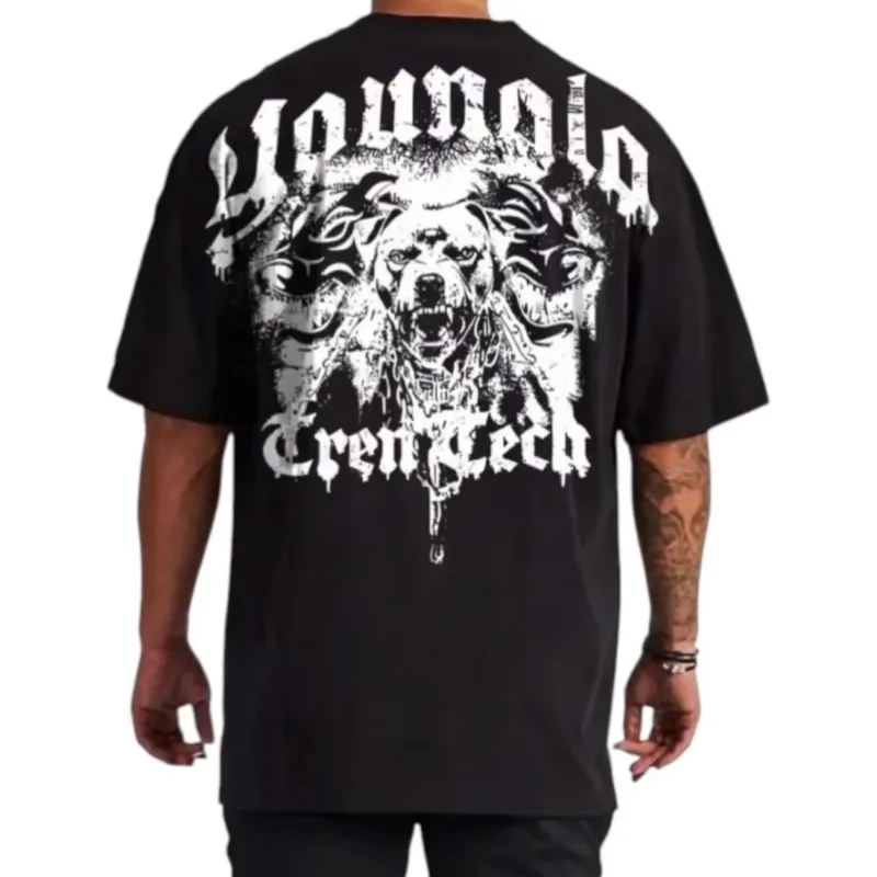 Gothic Style Dog Head Retro T-shirt, Animal Element Street Fashion, Men's and Women's Four Season Fitness and Leisure T-shirt