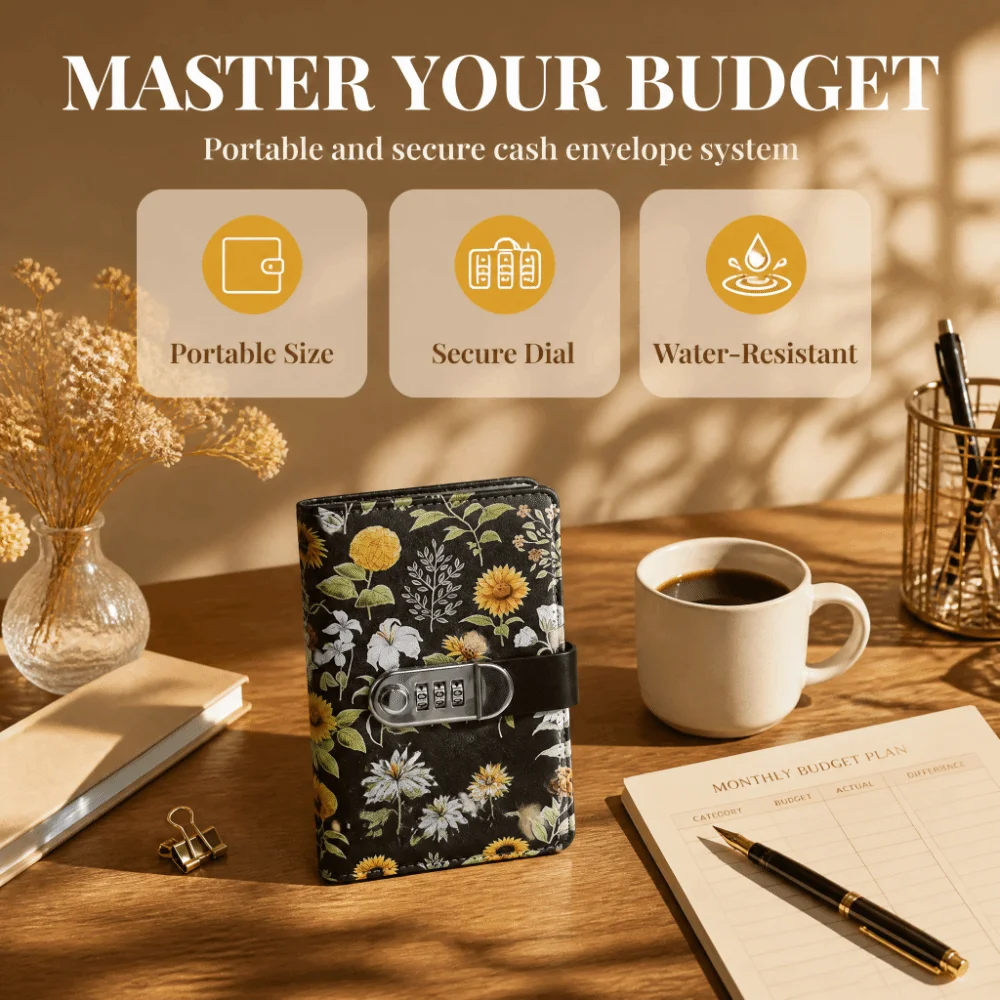 Large Capacity Sunflower Print Budget Binder Double-sided Vintage Floral Money Organizer 3 Digit Password Lockable Cash Envelope - view 2
