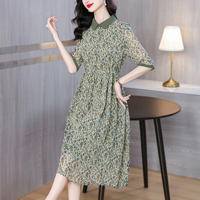 2024 Summer New Georgette Silk Short sleeved Printed Dress for Women's Loose Large Ladies Polo Neck Covering Belly Chiffon Skirt