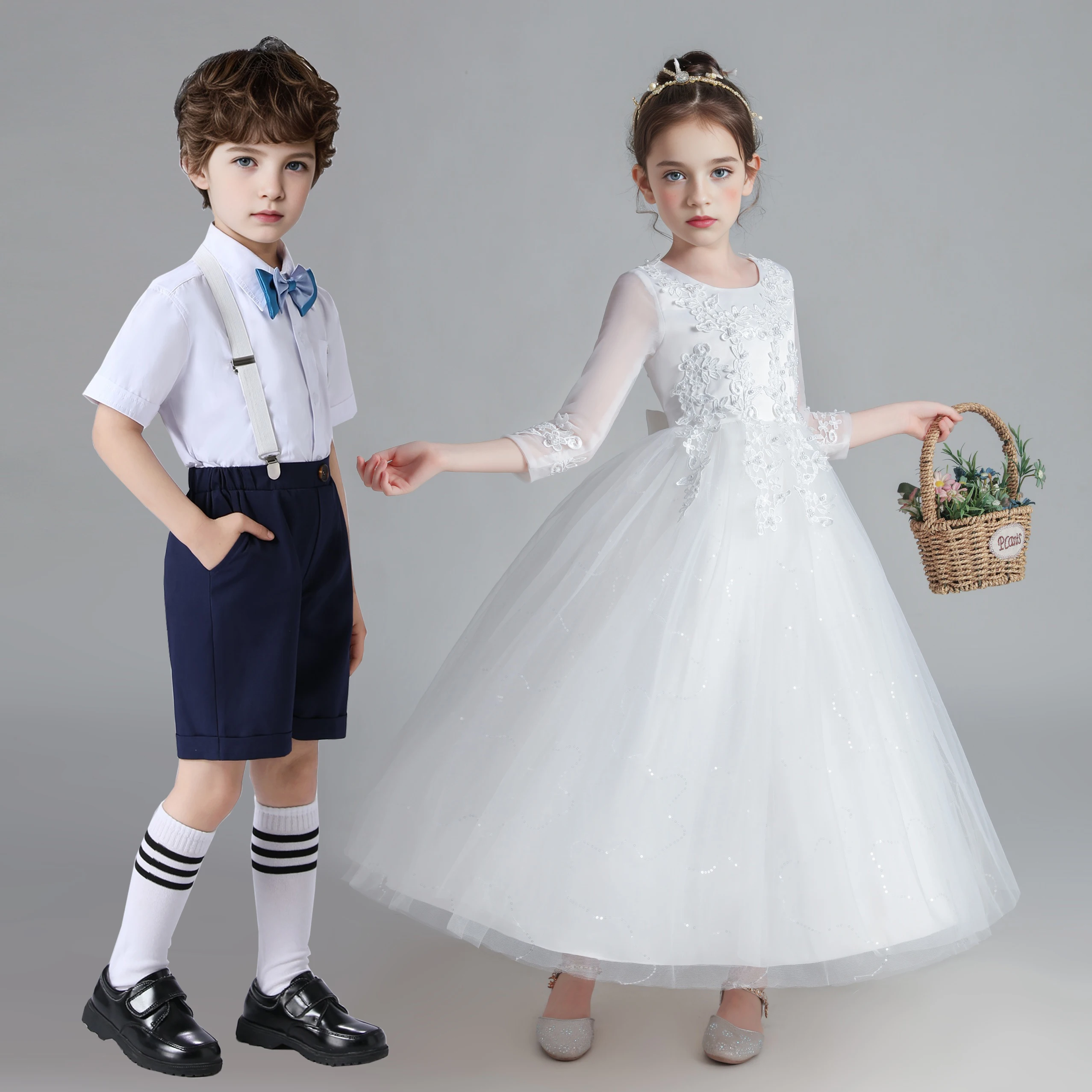 Kids Girl Princess White Long Dress Baby Girl Wedding Ceremony Party Gown Children Boy 2pcs Shirt+Pant Suit For Performance