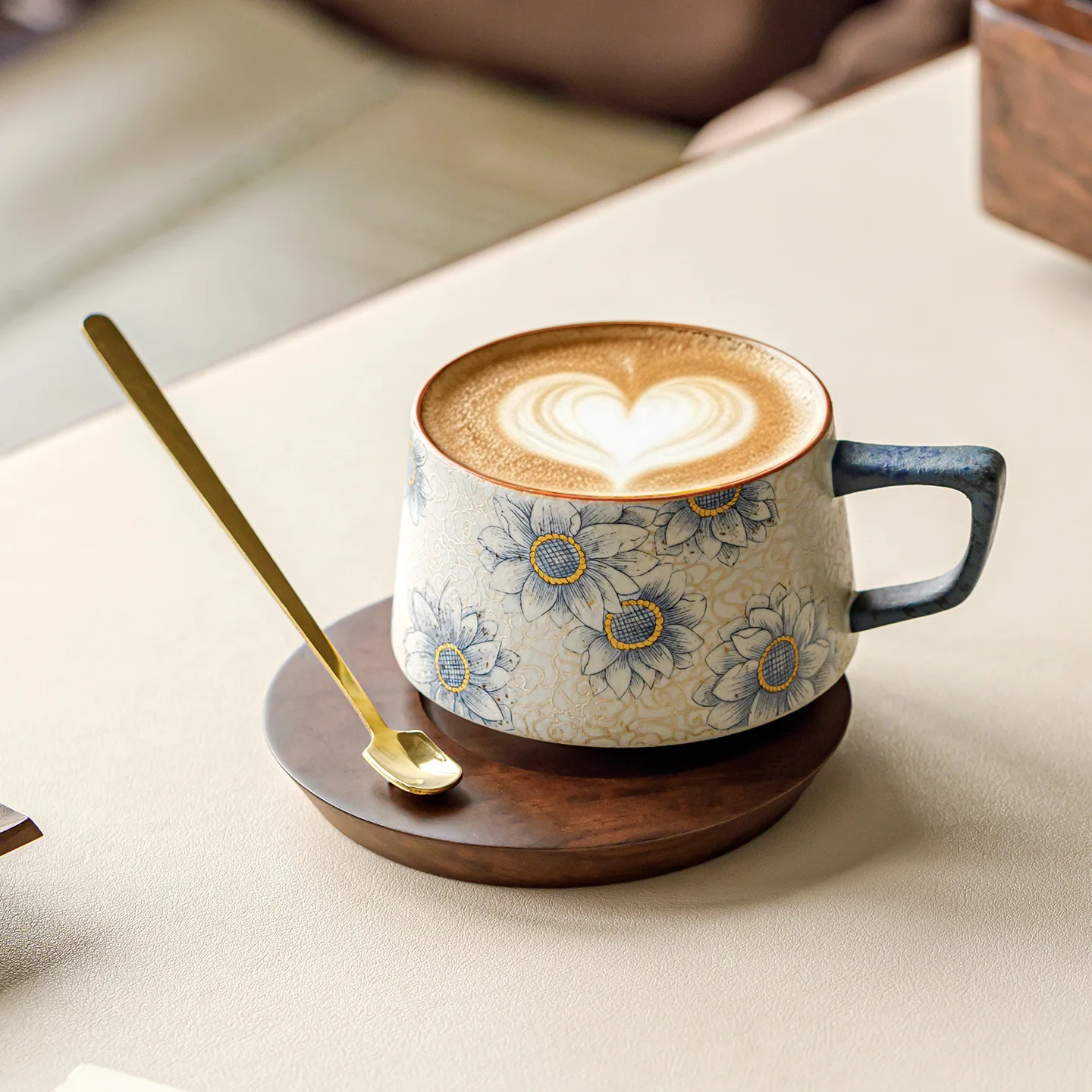 Blue And White Ceramic Coffee Cup Red Cloud Sunflower Pattern Latte Art Mug Aesthetic Drinkware For Office Personal Use