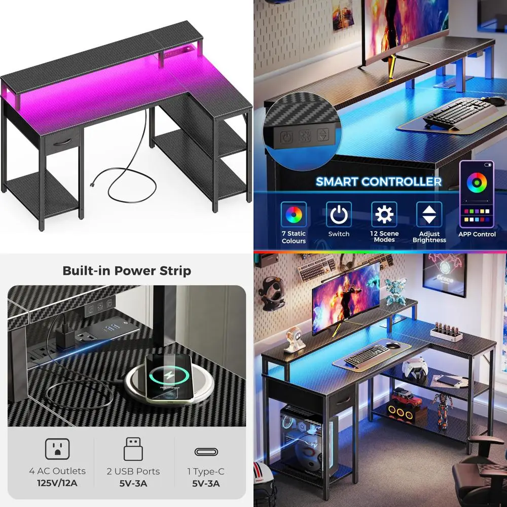 

47 Inch Reversible L-Shaped Desk with LED Lighting and Power Outlets, Computer Desk with Storage Shelves and Monitor Stand for G