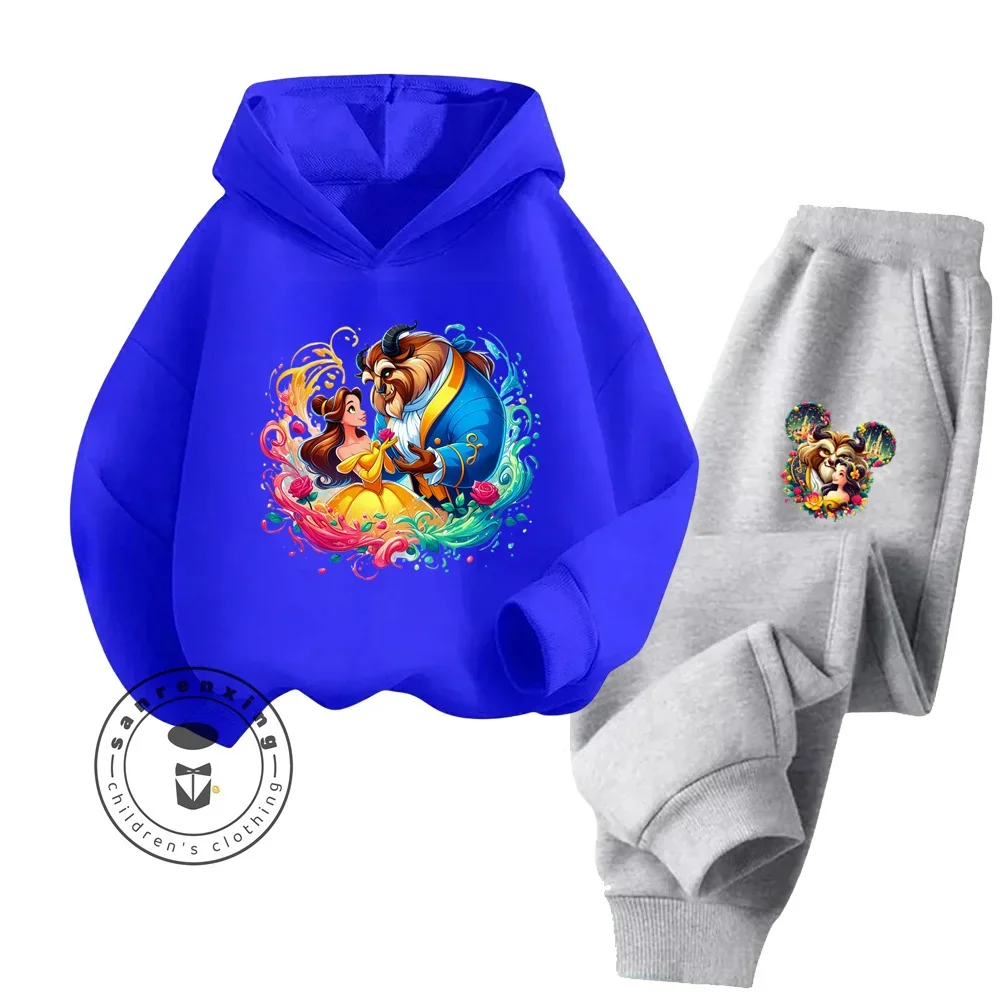 Cute Disney Cartoon Beauty and the Beast Outfit for Ages 3-14 Kids Lovely Kawaii Cartoon Prints Simple Chic Hoodie Tracksuit