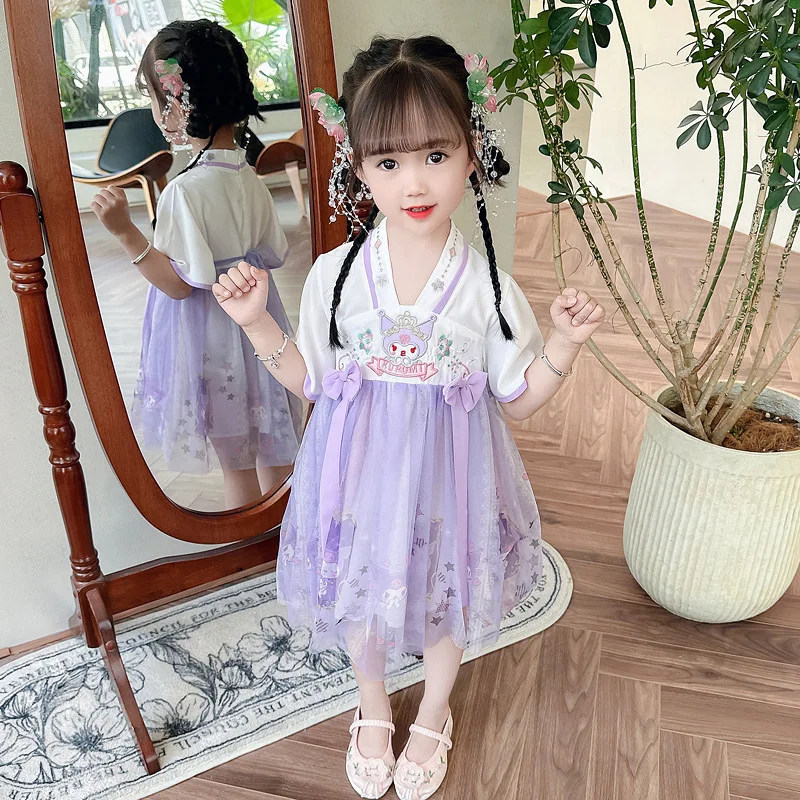 

Child Kuromi Dress Summer Western Style Girl Hanfu Gauze Skirt Style Short Sleeves Exquisite Cartoon Kawaii Fashion Comfortable