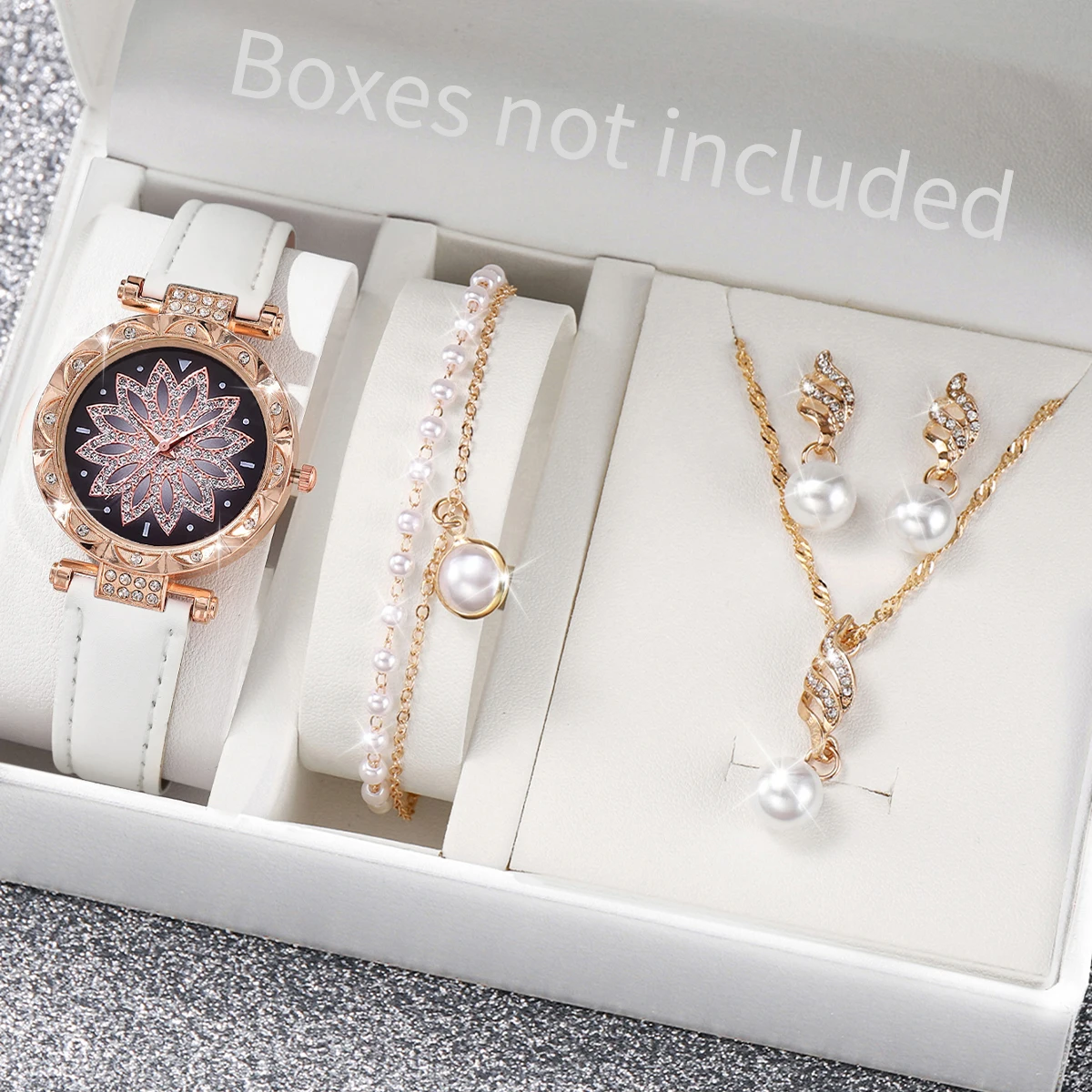 5 Stks/set Mode Vrouwen Lederen Band Bloem Wijzerplaat Quartz Horloge En Parel Sieraden Set