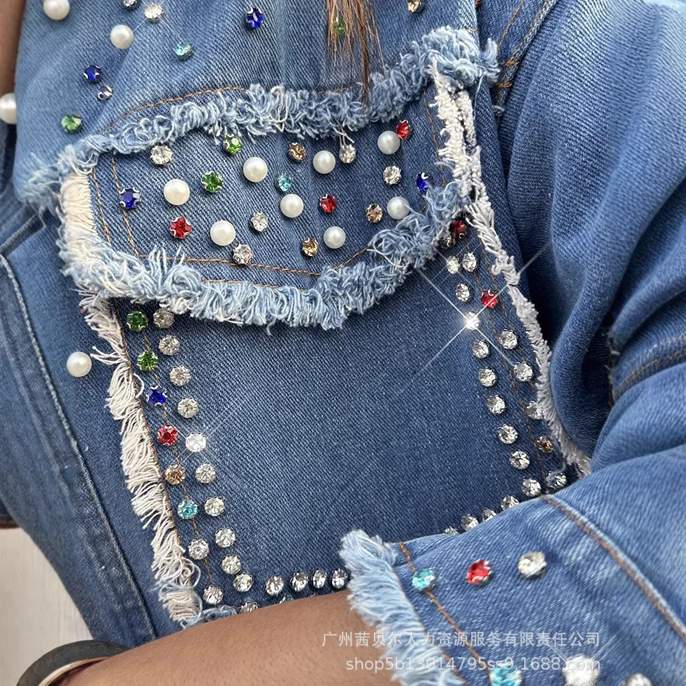Camicie di jeans con perline di diamanti da donna Strass Tasche doppie Camicette di jeans Giacca a maniche lunghe Cardigan da cowboy in cristallo Top