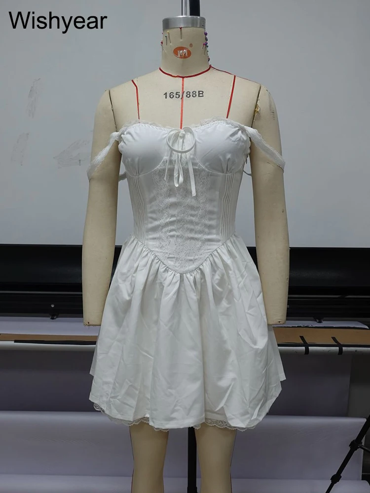 Wishyear エレガントなホワイト A ラインイブニングパーティーミニドレス女性のためのレースアップスパゲッティストラッププリーツホリデー誕生日プロムドレス