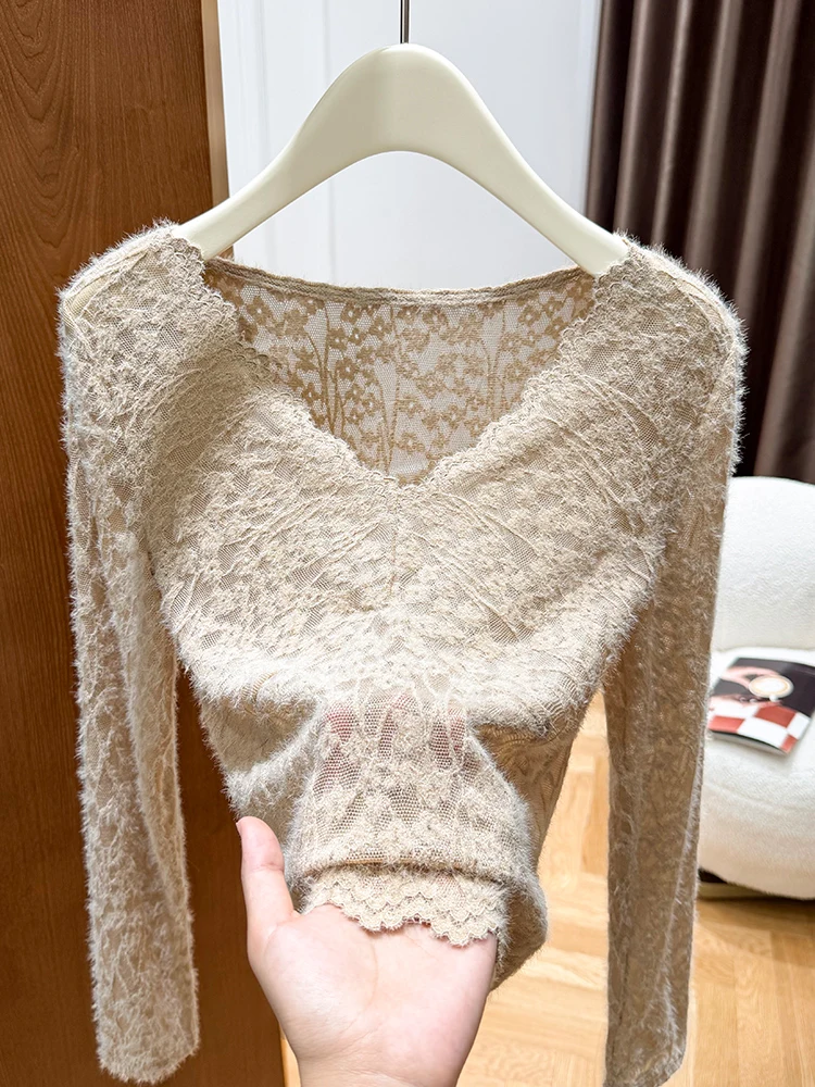 

Корейская женская модная базовая блузка с V-образным вырезом и кружевом, внутренний слой для весны, осени и зимы, с цветочным узором, дышащая