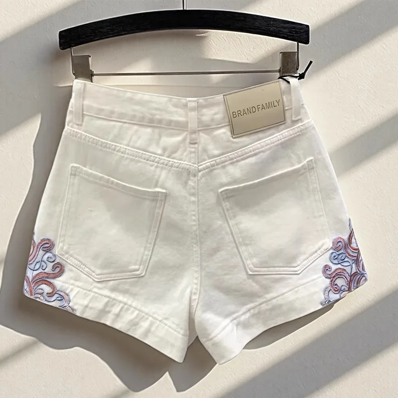 New Summer Collection: White Embroidered Denim Shorts for Women—stylish, Casual, and Trendy.
