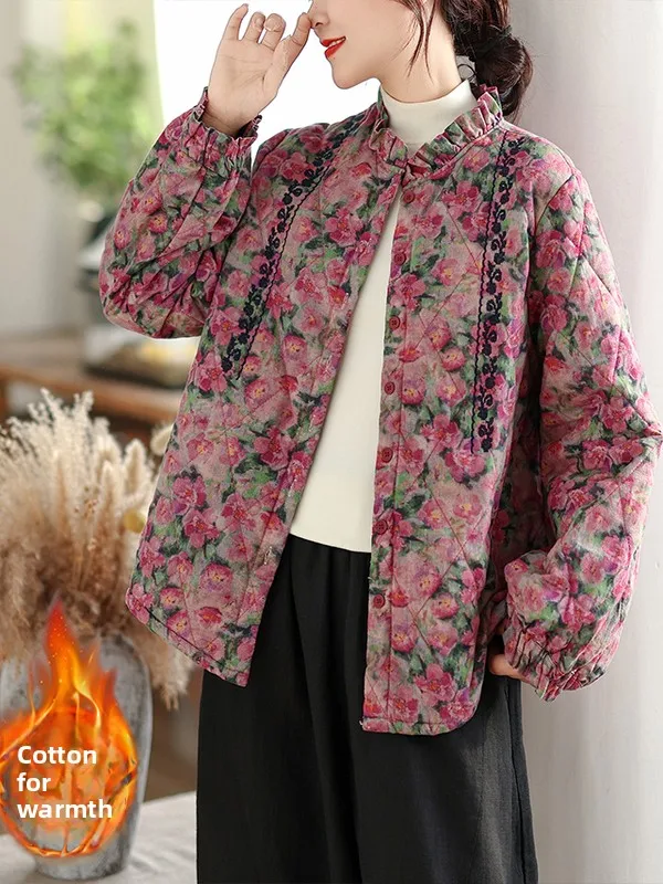 Warm katoen Jaet Dames plus maat Faionable Veelzijdig Artistiek Bloemen Lang Sve gevuld Bovenkleding Retro Sle Loose Fit...