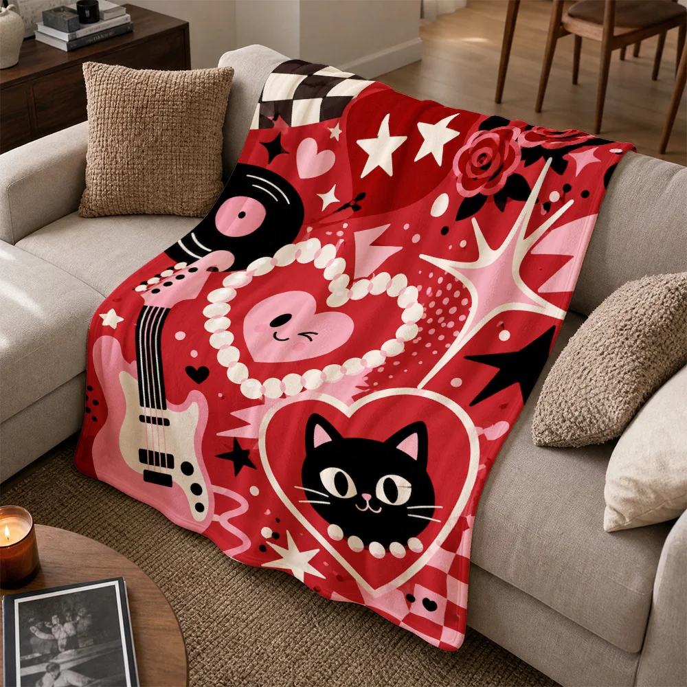 Vibrant Pop Art Cat Heart Sofa Throw Blanket Boho Chic Chunky Knit Decorative Couch Cover Cozy Plush Winter Spring Fall Autumn H