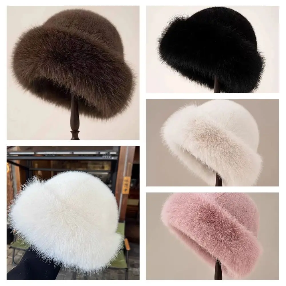 

Casual Warm Cap Faux Fur Mink Hat Korean Style Bucket Hat Plush Basin Cap Solid Color Solid Beanie Winter