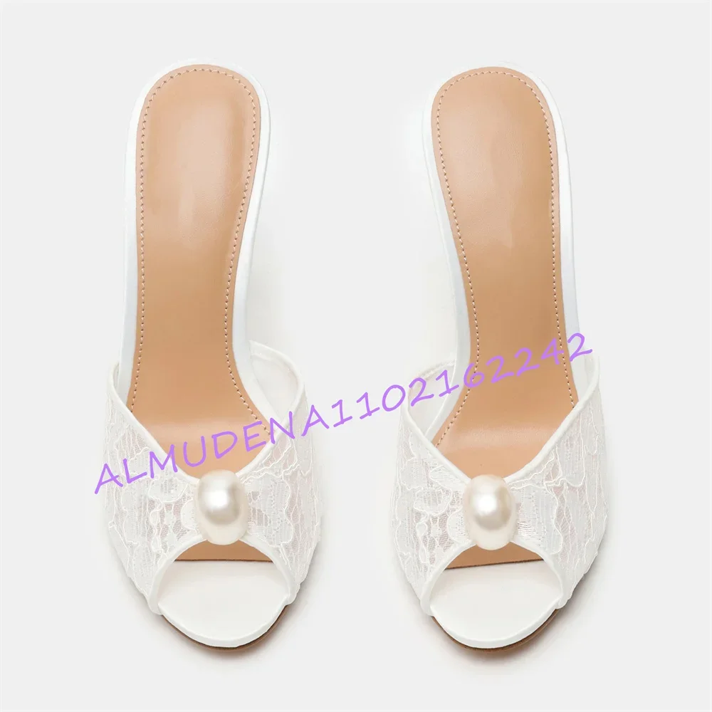 Women White Lace Pearl Decor Mule Slides Open Toe Stiletto High Heel Slip On Backless Sandals Wedding Bridal Daily Footwear 46