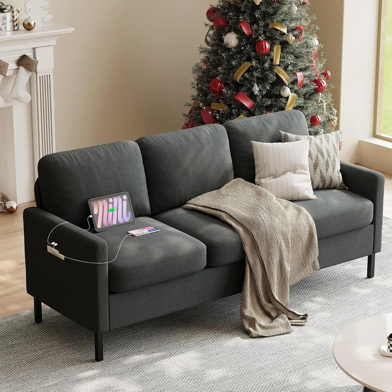 72in Black Faux Leather 3-Seater Sofa with USB Charging, Living Room Furniture, Customized