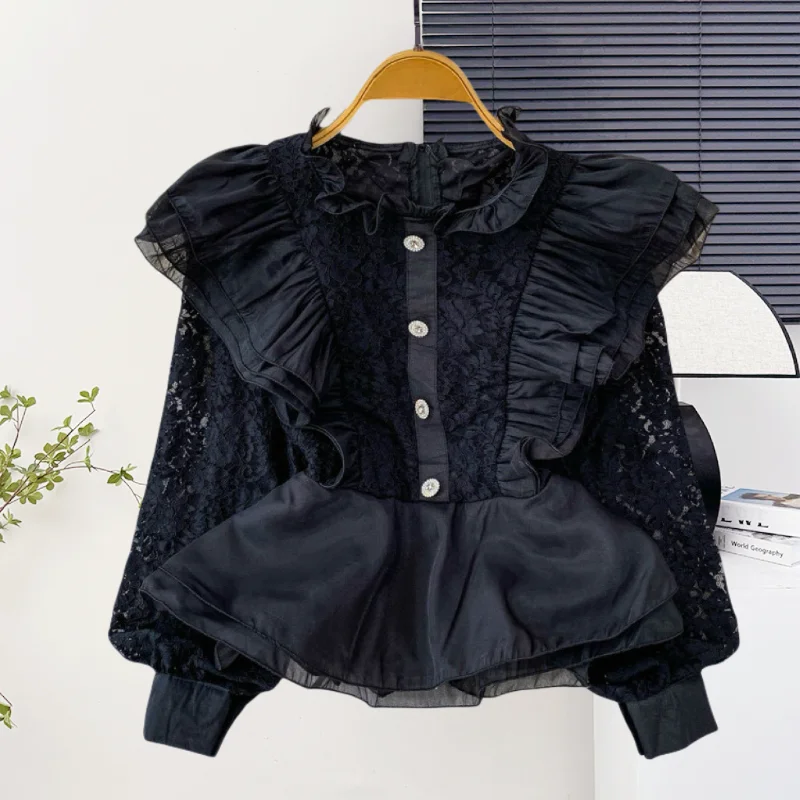 

Black,New,Korean,Style,Chiffon,Blouse,Fashion,Sexy,Stand,Patchwork,Lace,3D,Ruffles,Women,Long Sleeve,Shirt,Pullover,Tops,57703