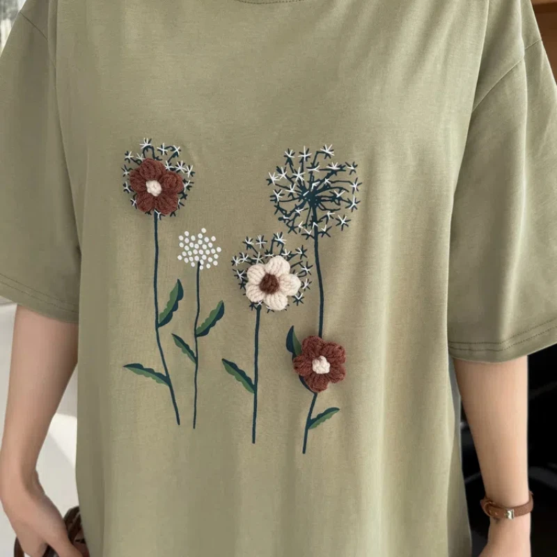 ผู้หญิงหลวมพลัสขนาดเสื้อยืดชุดฤดูใบไม้ผลิฤดูร้อน 2025 Casual Jacquard Patchwork Lady Vestidos KE6805