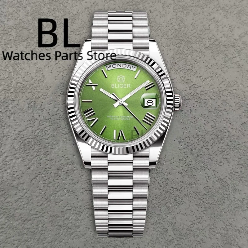 นาฬิกาข้อมือผู้ชาย BLIGER รุ่น BD36D40 สลักโลโก้ได้ นาฬิกาอัตโนมัติสุดหรู ระบบ Miyota8285 แสดงวันและสัปดาห์ หน้าปัดสีน้ำเงินน้ำแข็ง กระจกแซฟไฟร์ กันน้ำ 10 บาร์