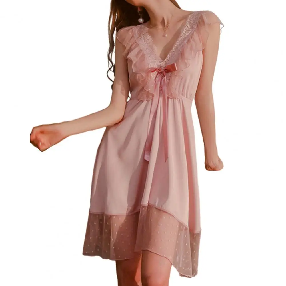 Women Satin Nightgown Suspender Nightgown Elegant V Neck Lace Ruffle Nightgown with Double-layered Bow-decor Mesh for Women