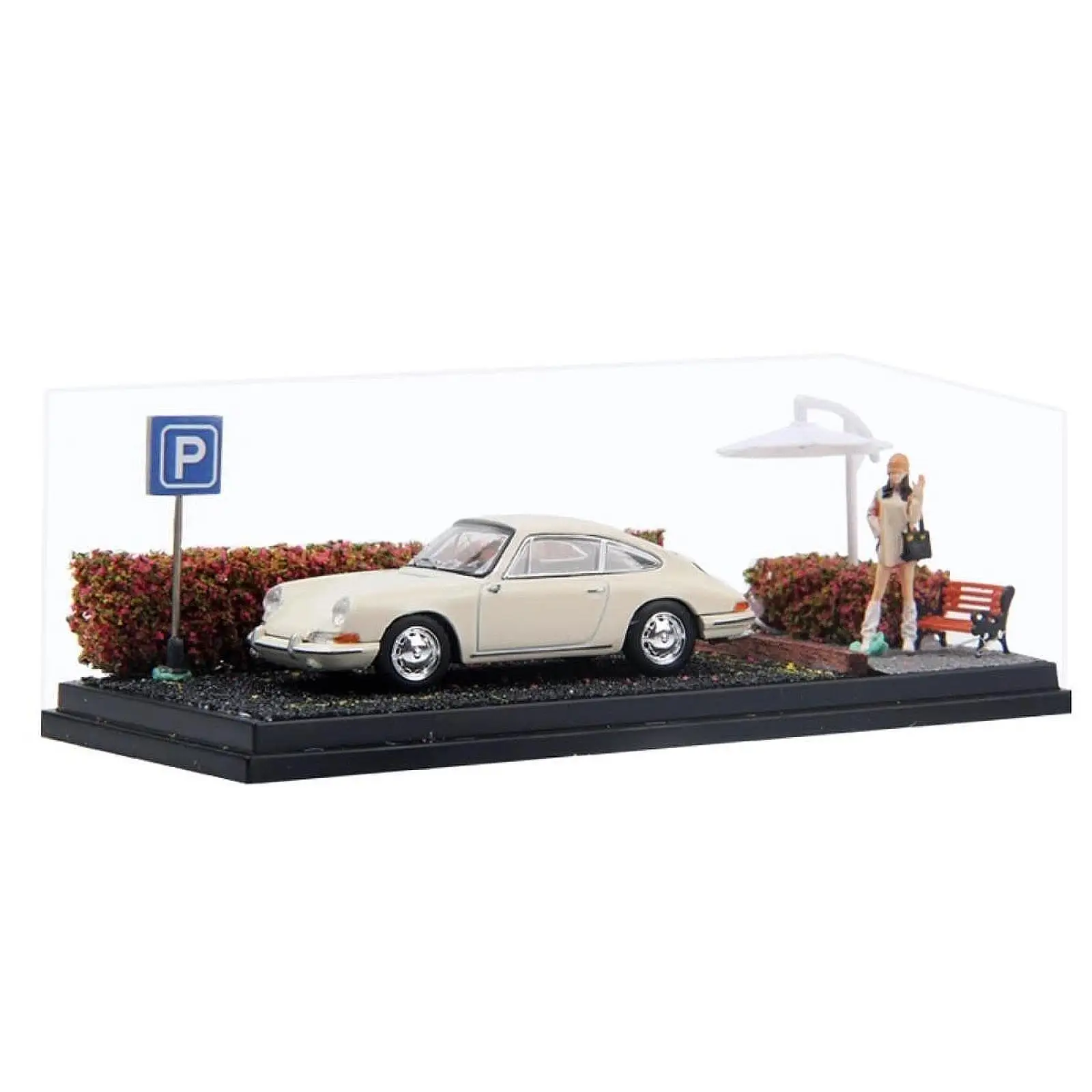 1/64 Diecast Car Display Case Parking Diorama Base with chairs shrub road sign, Acrylic Car Parking Scene Dustproof Cover