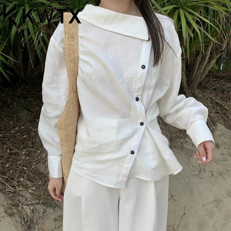 

KWTX Women Linen Off Shoulder Blouse Solid Color Waist Cinching Elegant Fashion Designer Luxury High Quality Spring Summer 2025