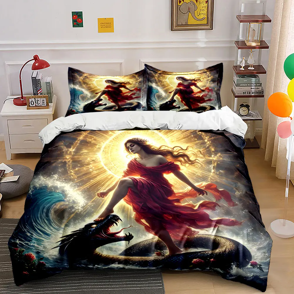 Goddess Red Dress Halo Waves Serpent Print Bedding Set 1 Duvet Cover 2 Pillowcases for Adult and Children Luxury Gift Full Size
