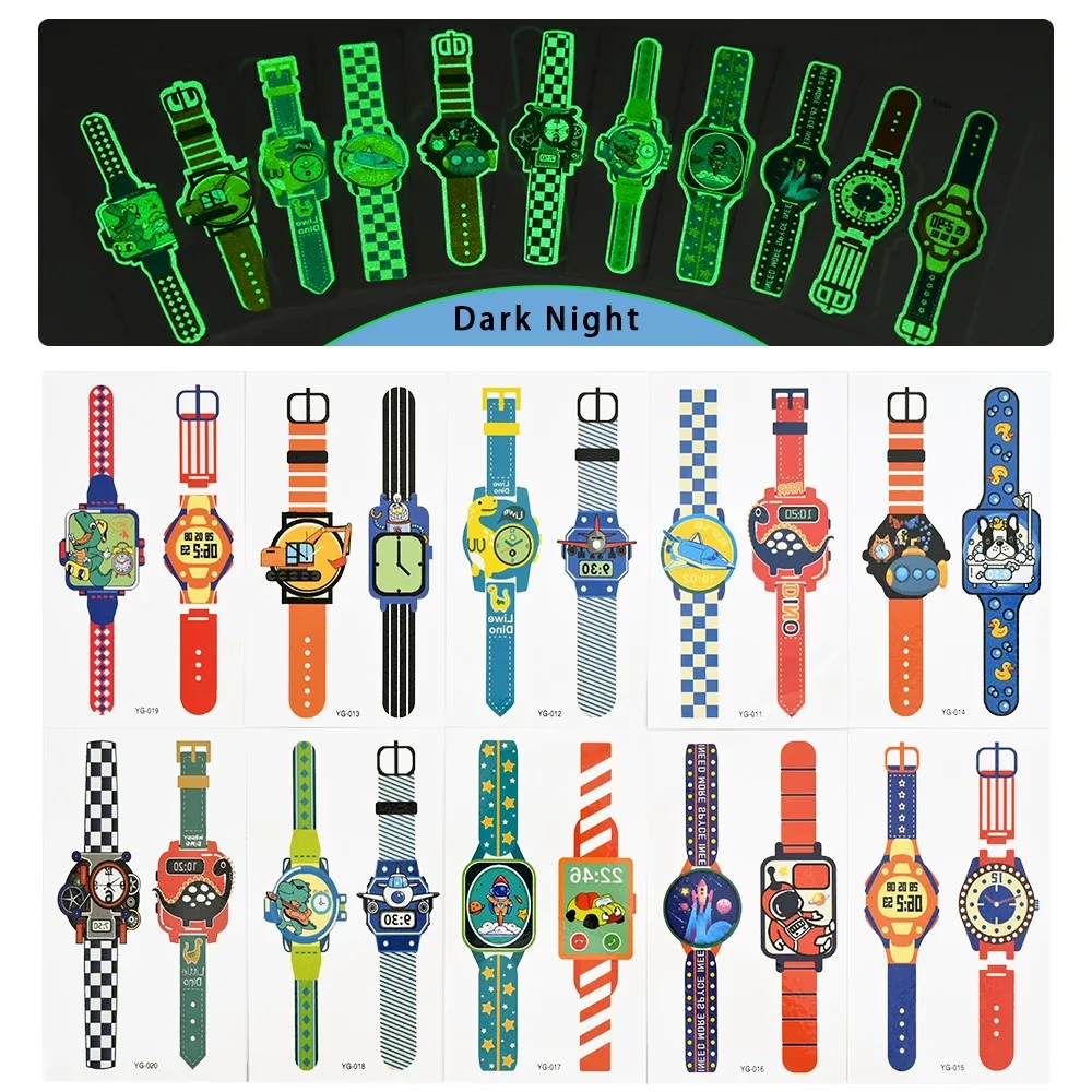 Reloj de dibujos animados para niños, tatuajes luminosos, pegatinas Kawaii, lindo reloj de pulsera, tatuaje temporal impermeable para niños, niños,