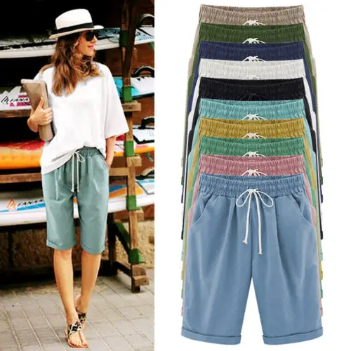 

Women Drawstring Elastic Waist Knee Length Curling Bermuda Shorts