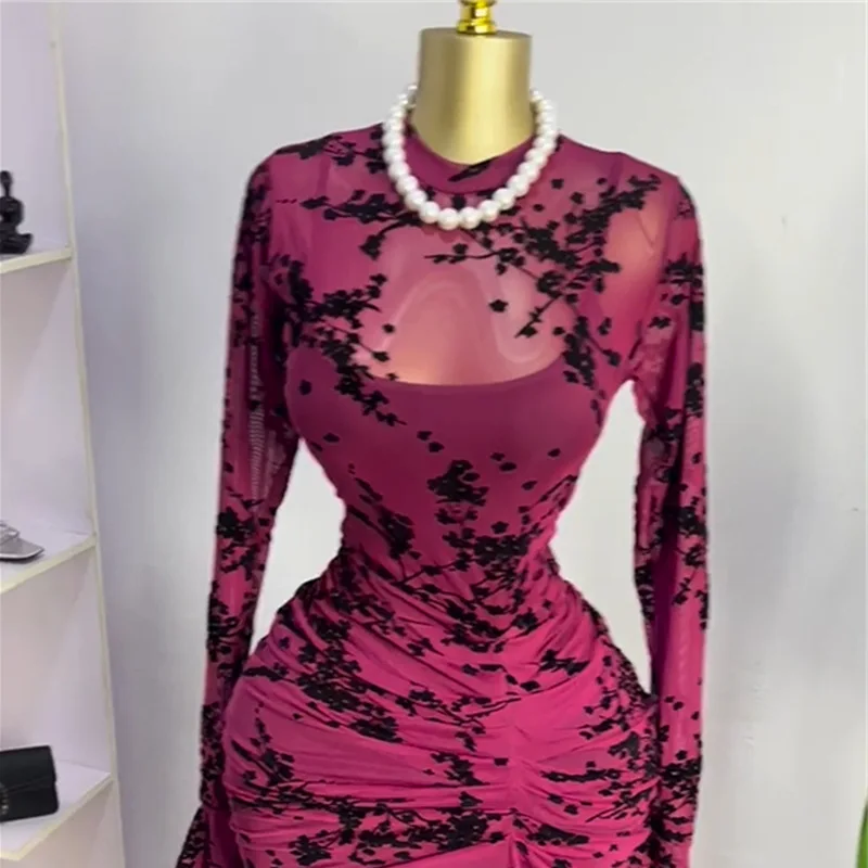 Vestido largo ajustado de manga larga para mujer, malla fruncida transparente con forro, vestidos de fiesta sexys para noche de otoño y cumpleaños