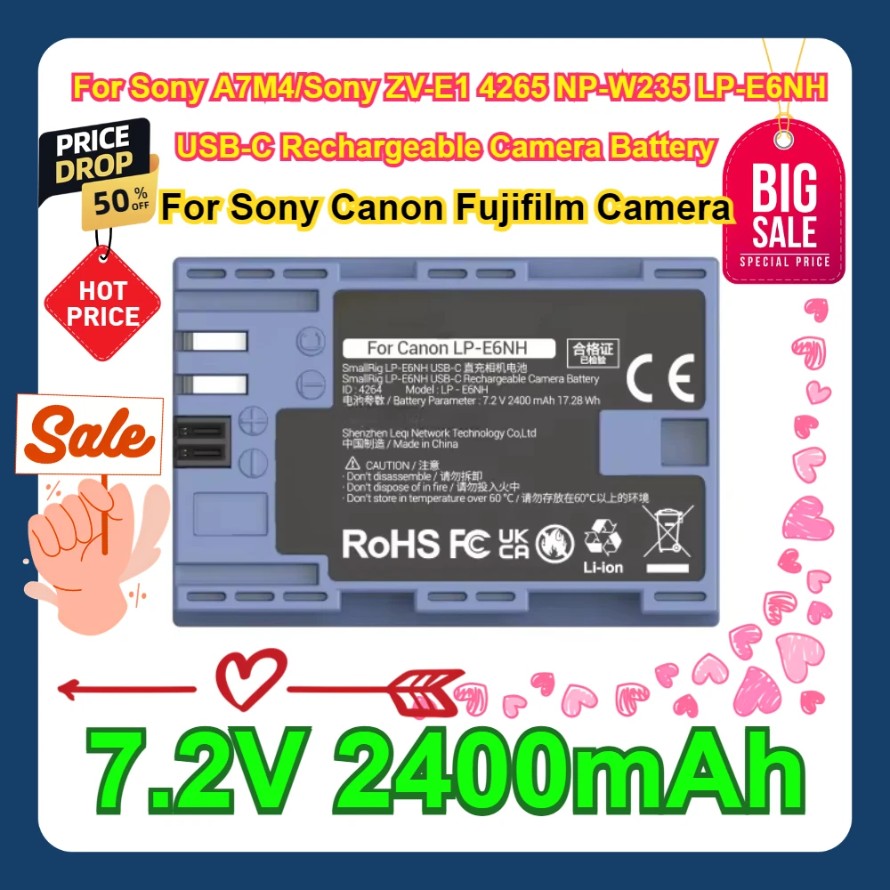 

For Sony Canon Fujifilm Camera For Sony A7M4/Sony ZV-E1 4265 NP-W235 LP-E6NH USB-C Rechargeable Camera Battery NP-FZ100