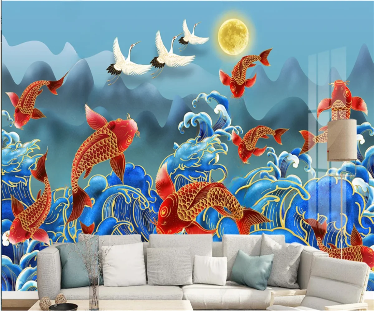 

Photo wallpaper New Chinese Shan shui Golden fish Chinoiserie style living room background wall mural decorative wallpaper