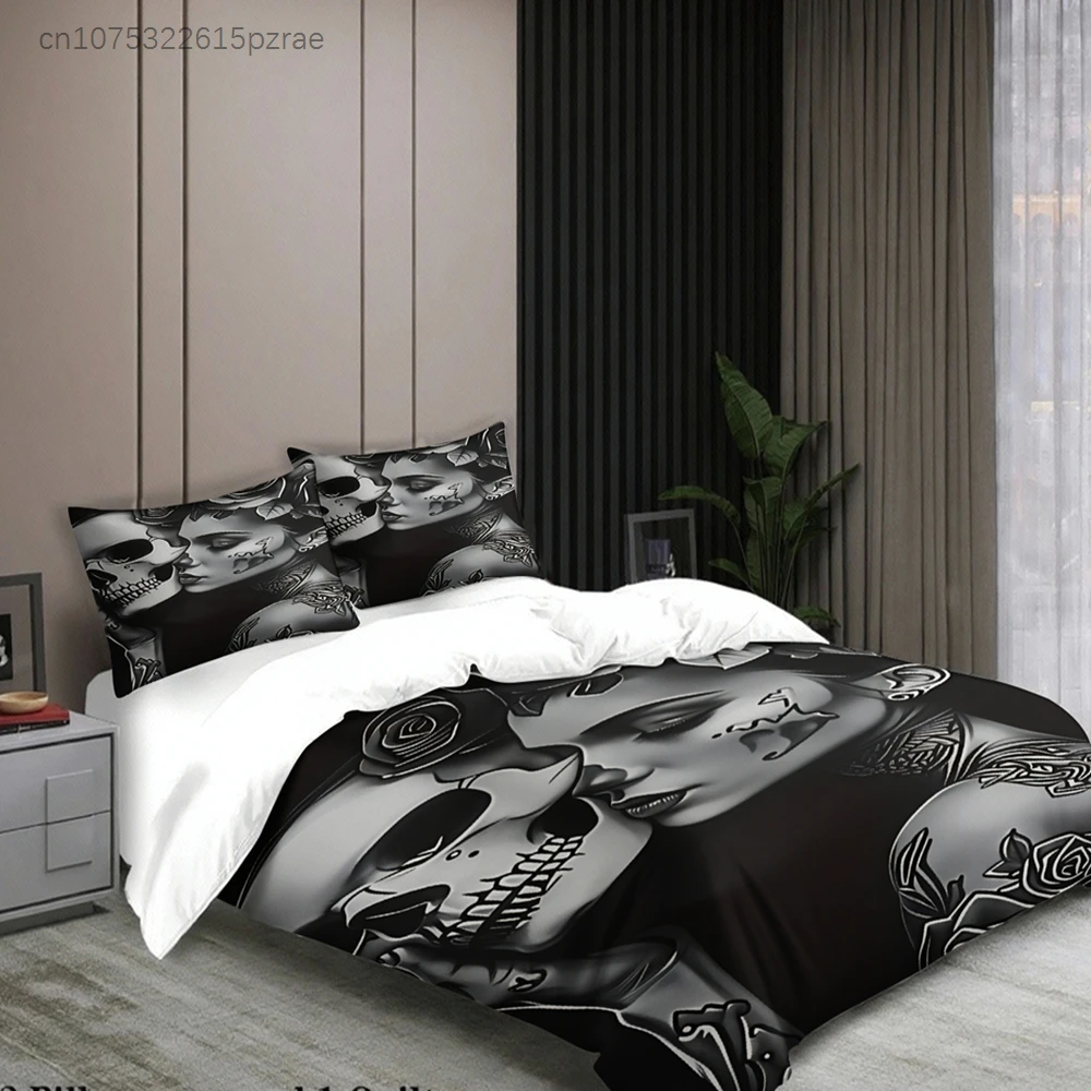 3pcs Skull And Rose Bedding Sets 3D Printed Black And White Duvet Cover Sets With Pillowcases No Filling