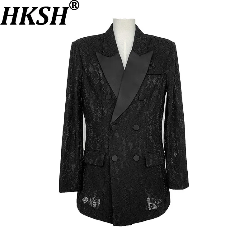 

HKSH весенне-осенний новый женский пиджак жаккардовый кружевной лоскутный двубортный облегающий элегантный темпераментный пиджак HK11840