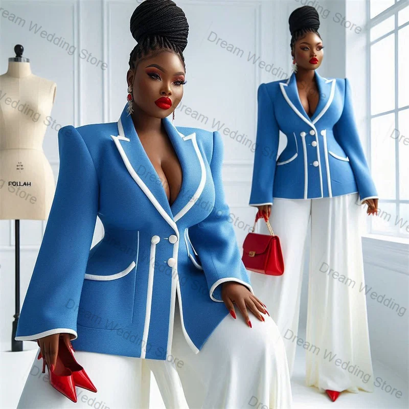 

Light Blue Women Suit Set 2 Pcs Blazer Wide Leg Pants Trousers Autumn Formal Office Lady Jacket Customized Wedding Prom Coat