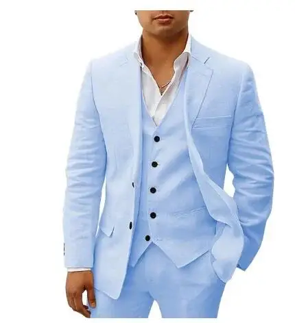 Light Blue/Beige Linen Notch Lapel Slim Fit Summer Men Suits 3 Piece Groom Tuxedos  Blazer Pants Sets Wedding Prom Costume Homme