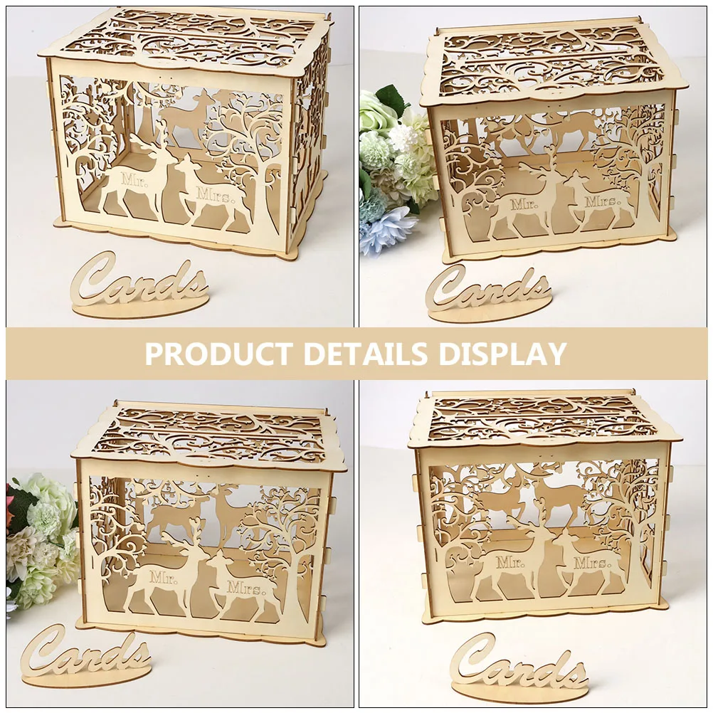 

Wooden Sign Box for Wedding Greeting Cards Box Gift Cards Holder Reception Case Hollow Design Keepsake Storage