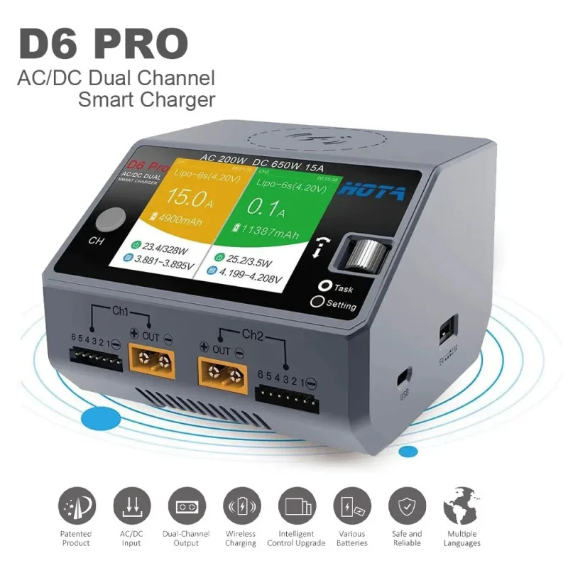 

Умное зарядное устройство HOTA D6 Pro, двухканальное зарядное устройство для США/ЕС, AC200W DC650W 15A Lipo/Nicd/NiMH/NiZn