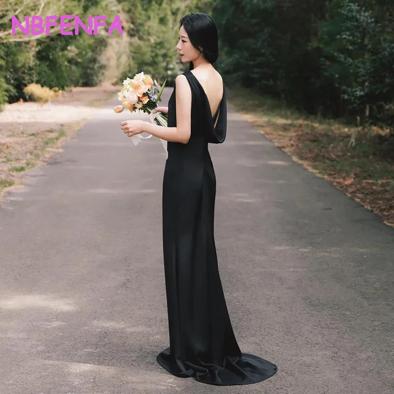 White Backless Light Wedding Dresses Korea Simple Satin Fishtail Hip Dress Photo Shoot Black Evening Dress Tailing Bridal Gowns