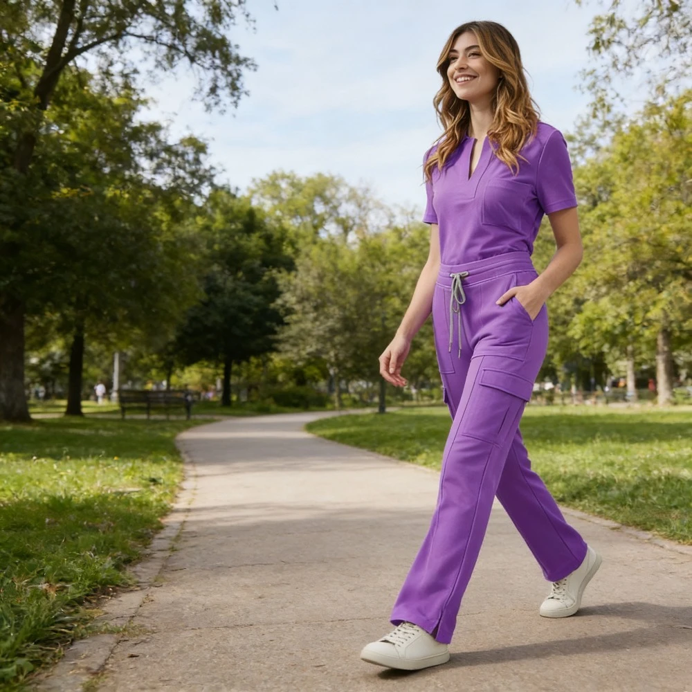 Commuter casual two-piece suit, women's V-neck matte top, wide-leg pants, designer hand-brushing clothes.