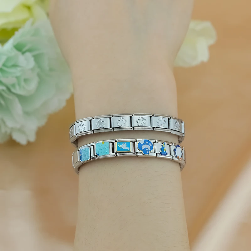 Hapishy 2024 wanita hadiah biru mata hati bulan Italia jimat Tautan manik-manik Fit 9mm gelang baja tahan karat membuat perhiasan ZH015