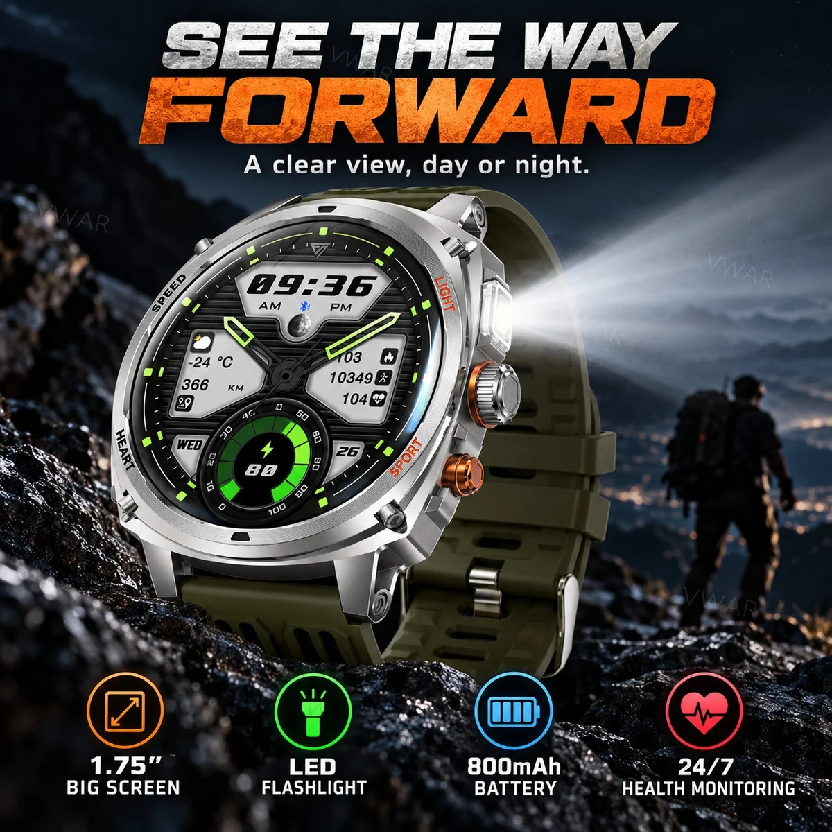 2026 Nouvelle montre intelligente militaire VWAR, lampe de poche tactique, batterie 800 mAh, écran HD 1,75 pouces, montre intelligente de sport pour hommes, étanche 30 m