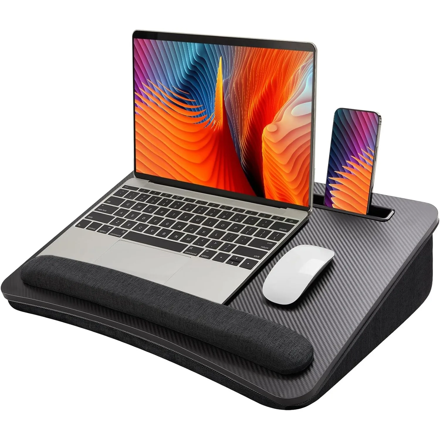 Mesa para laptop de colo – Mesa portátil com almofada, cabe em laptop de até 17 polegadas, com faixa antiderrapante e função de armazenamento para casa