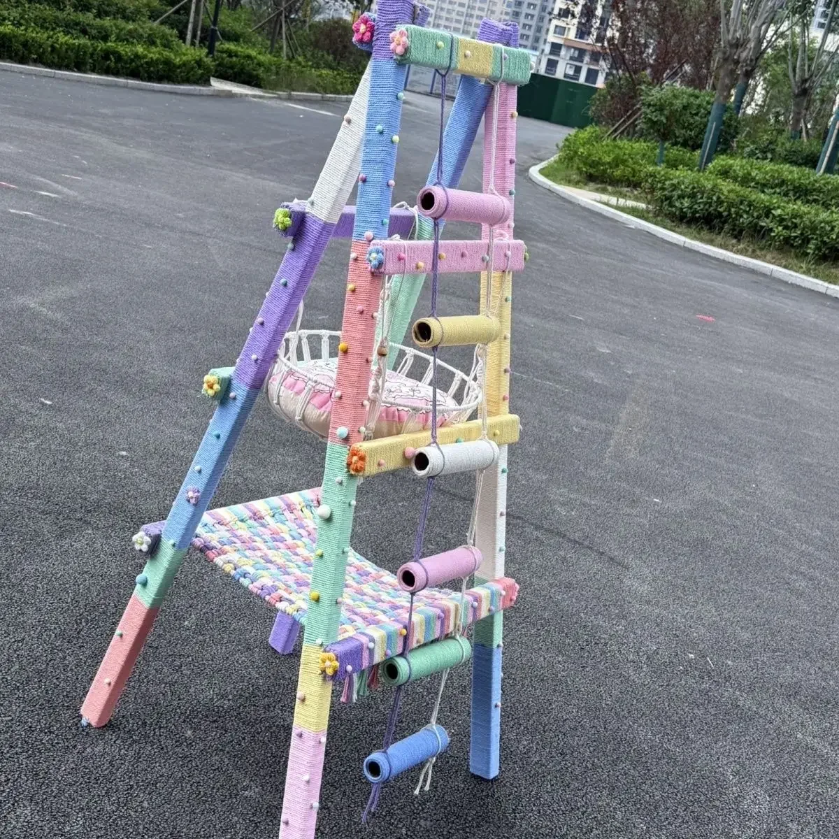 Colored cotton solid wood ladder hammock scratching board cat four seasons household integrated dopamine toy finished product