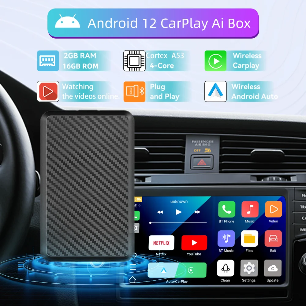 Wired to Wireless CarPlay AI Box Android 12 System Mini Dongle Wifi Netflix Youtube For Audi Toyota Audi VW Golf Mercedes Subaru