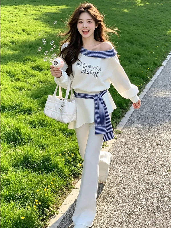 Fall Casual Shoulder Bared Letter Sweatshirt And Flared Pants Women's Two Piece Set Elegant Simple Design 2026 New Style
