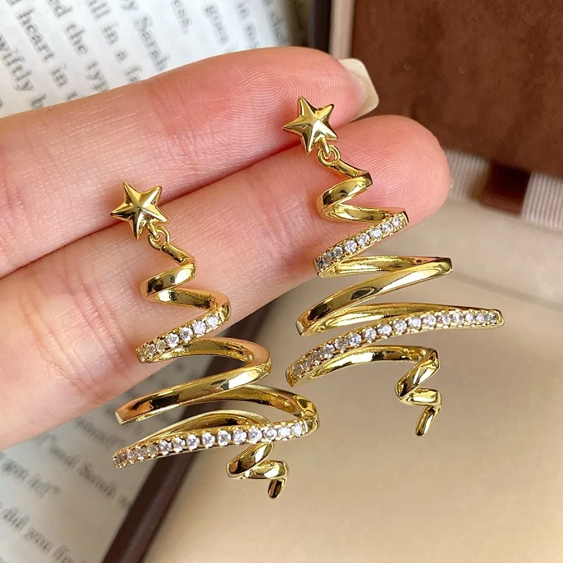 Kreative goldene Linien-Weihnachtsbaum-Ohrhänger für Damen, modische Stern-Ohrringe, Accessoires, Schmuck, Mädchen-Geschenke, Party, Freizeitkleidung – Detail 11