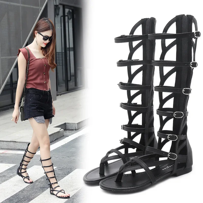 Roman Gladiator Bandage Sandals Women Knee High Flat Sandalias Botas Femininas Women Shoes Girls Summer Hollow Ankle Boot