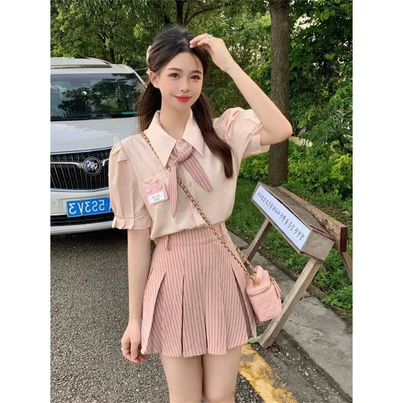 Summer Fashion Pink Jk Uniform Puff Sleeve Shirt Pleated Skirt Tie for Women Sweet Korean Schoolgirl Uniform Sailor Uniform