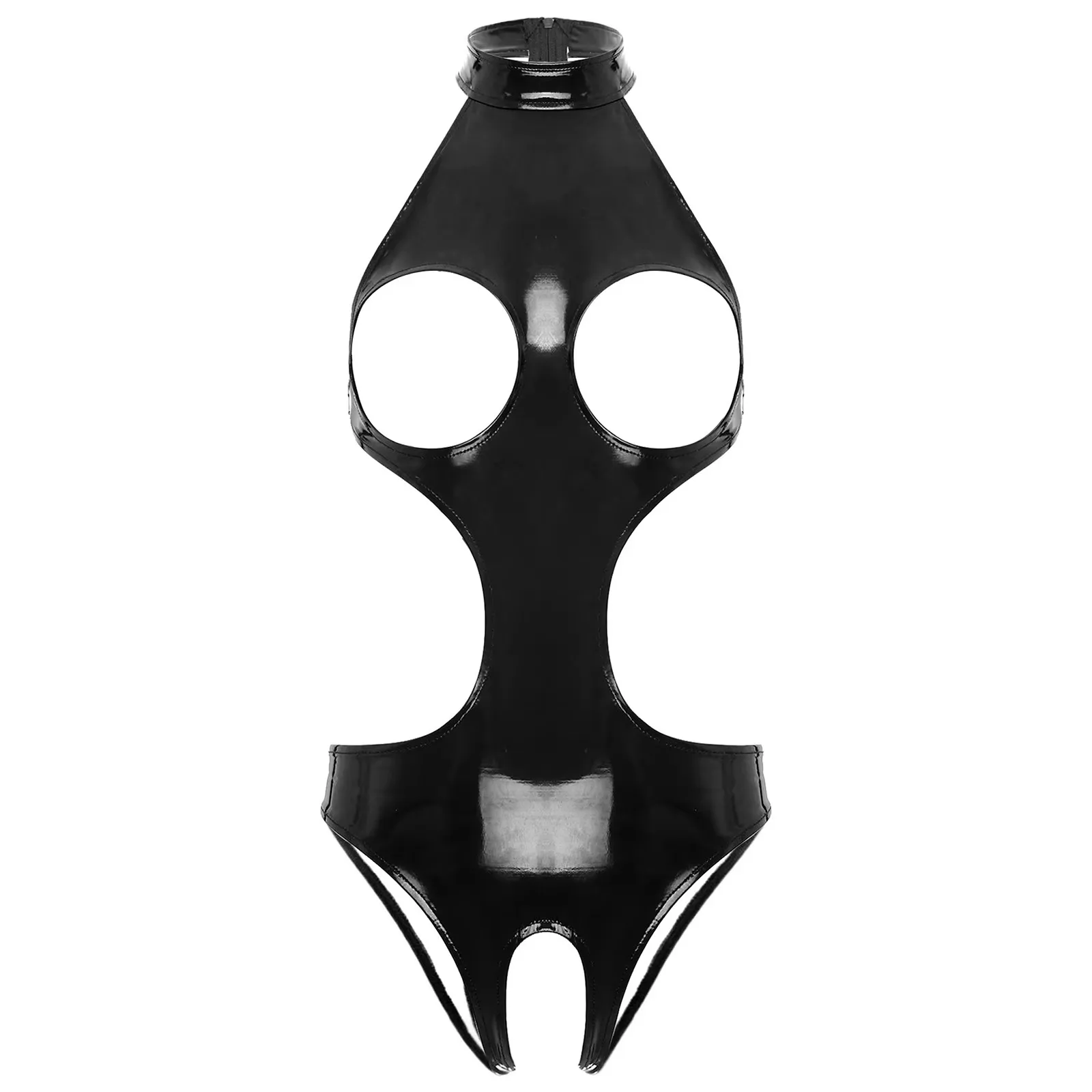

Women's Wet Look Cutout Zipper Bodysuit Sexy PU Leather Lingerie Halter Open Nipple Open Crotch Bodycon Jumpsuit Night Club Wear