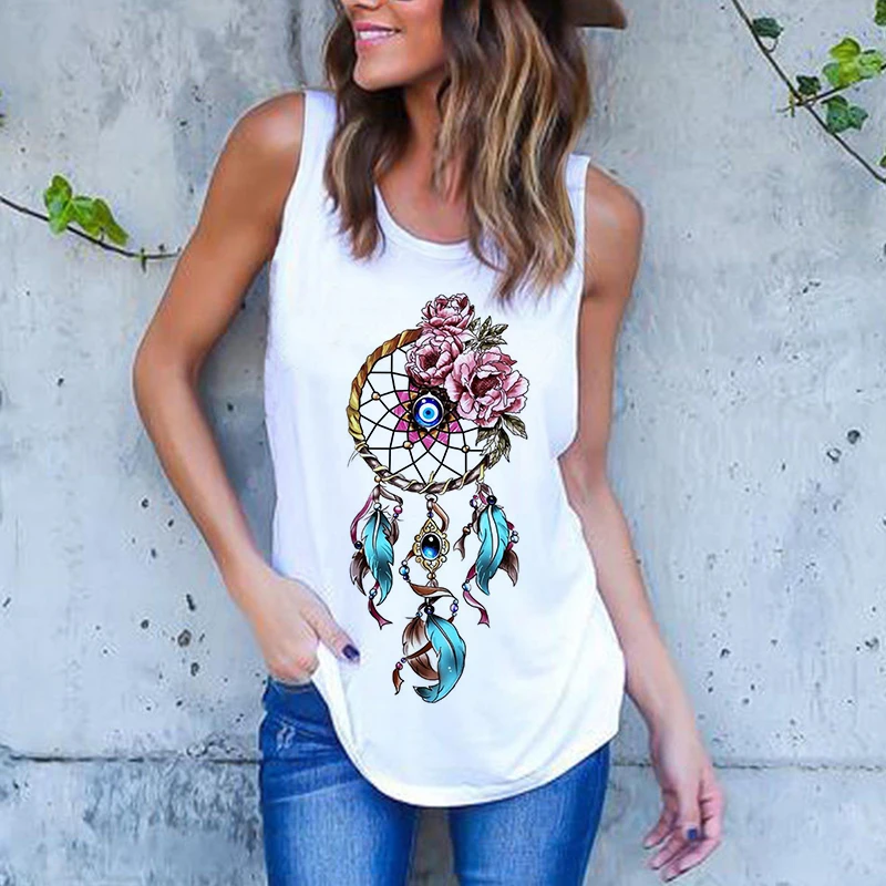 Lato Harajuku Vintage Feather Dreamcatcher Print damskie podkoszulki Casual O-Neck kamizelka bez rękawów Streetwear koszulka damska ubrania — zdjęcie 4