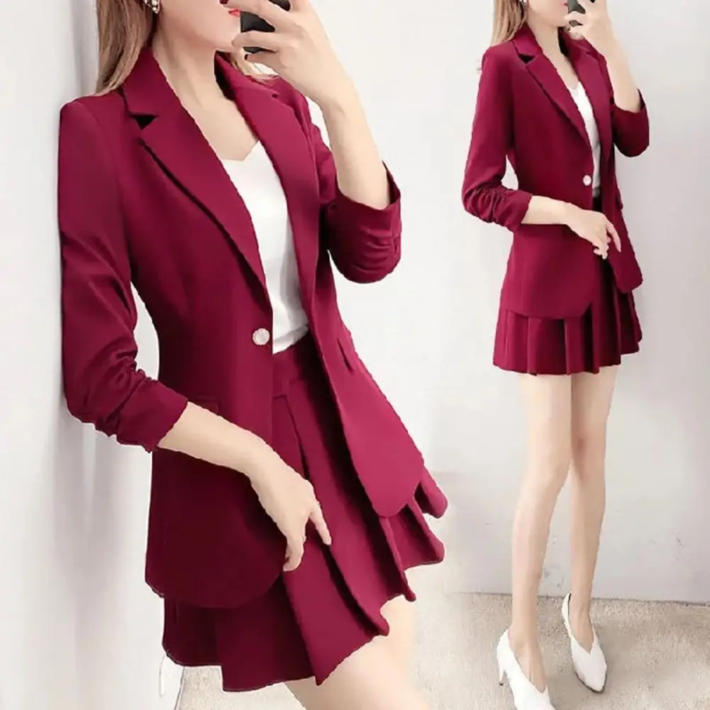 Long-sleeve Jacket Short Skirt Set Women's Commuting Style 2pcs/set Suit with Long-sleeved Jacket Pleated Mini Skirt Solid Color